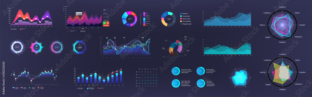 Poster Infographic dashboard template with charts, diagrams elements, online statistics and data analytics. Information panel Mockup. UI, UX, KIT elements design. Vector graphics and infographics set