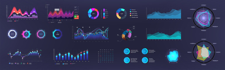 Fototapeta na wymiar Infographic dashboard template with charts, diagrams elements, online statistics and data analytics. Information panel Mockup. UI, UX, KIT elements design. Vector graphics and infographics set