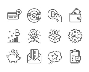 Set of Finance icons, such as Checklist, Saving money, Wallet, Targeting, Loyalty points, Cashback, Sale, Post package, Credit card, Bitcoin graph, Loyalty star, Bitcoin pay line icons. Vector