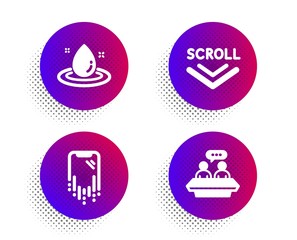 Smartphone recovery, Fuel energy and Scroll down icons simple set. Halftone dots button. Employees talk sign. Phone repair, Petroleum, Swipe screen. Collaboration. Technology set. Vector
