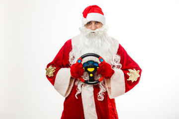 Santa Claus with a wheel on a white background