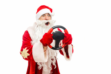 Santa Claus with a wheel on a white background
