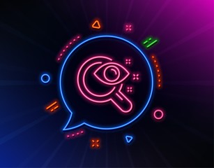 Vision test line icon. Neon laser lights. Eyesight check sign. Oculist clinic symbol. Glow laser speech bubble. Neon lights chat bubble. Banner badge with vision test icon. Vector