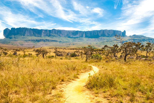 Roraima Table Mount Called in Pemon Indians Language Roraima Tepui with the Trekking Path to Roraima Summit , La Gran Sabana, Canaima National Park, Venezuela