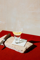 Tequila bum bum shot, with lemon slice