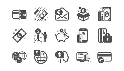 Money payment icons. Bank transfer, Piggy bank and Credit card. Cash classic icon set. Quality set. Vector