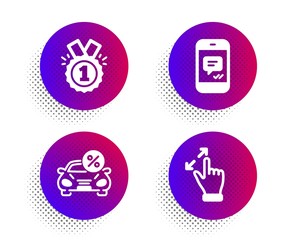 Car leasing, Message and Approved icons simple set. Halftone dots button. Touchscreen gesture sign. Transport discount, Phone messenger, Winner badge. Zoom in. Business set. Vector