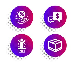 Winner podium, Payment received and Loan percent icons simple set. Halftone dots button. Delivery box sign. First place, Money, Discount hand. Cargo package. Business set. Vector