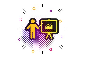 Presentation sign icon. Halftone dots pattern. Man standing with pointer. Scheme and Diagram symbol. Classic flat presentation icon. Vector