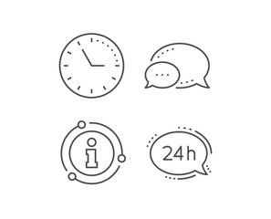 24 hour service line icon. Chat bubble, info sign elements. Call support sign. Feedback chat symbol. Linear 24h service outline icon. Information bubble. Vector