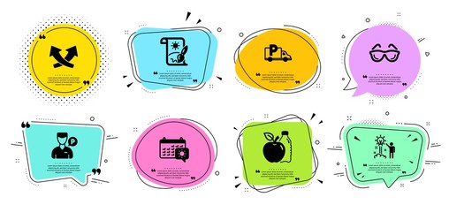 Apple, Travel calendar and Creative idea line icons set. Chat bubbles with quotes. Eyeglasses, Truck parking and Creative painting signs. Intersection arrows, Valet servant symbols. Vector