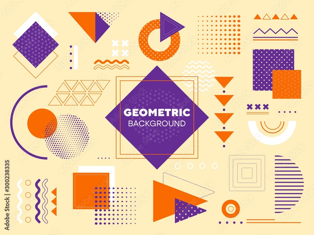 Wall mural set of design elements for a geometric background using squares, rectangles, triangles, circles, arc