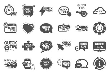 Quick tips icons. Set of Helpful tricks, Solution and Quickstart guide icons. Tutorial, helpful tips and turning tricks. Hand hold smartphone, Quick chat, tutorial, whistle signs. Quality set. Vector
