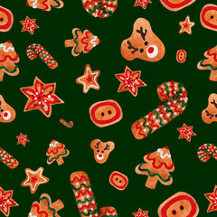 Christmas background with gingerbread cookies, ideal for gift paper or greeting card. Watercolor illustration