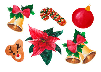 Christmas and New Year collection, hand drawn watercolor set with elements