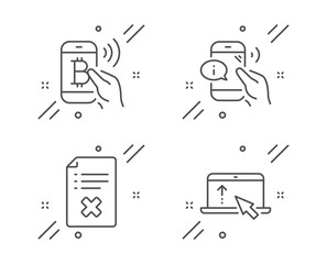 Reject file, Bitcoin pay and Call center line icons set. Swipe up sign. Decline agreement, Mobile payment, Phone support. Scroll screen. Technology set. Line reject file outline icon. Vector