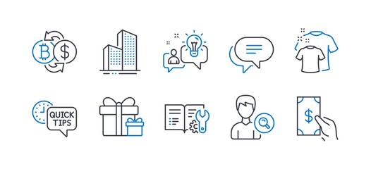 Set of Business icons, such as Clean t-shirt, Idea, Surprise package, Bitcoin exchange, Text message, Skyscraper buildings, Engineering documentation, Search people, Quick tips line icons. Vector