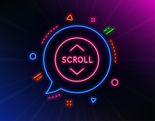 Scroll down button line icon. Neon laser lights. Scrolling screen sign. Swipe page. Glow laser speech bubble. Neon lights chat bubble. Banner badge with scroll down icon. Vector