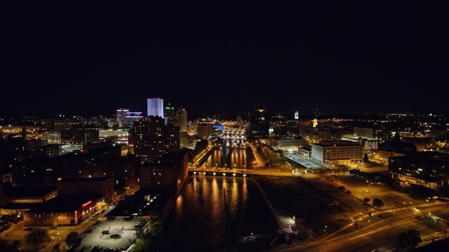 Rochester New York Aerial v6 Quick ascending reverse river fly over at night - October 2017