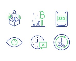 Eye, Time and Bitcoin graph line icons set. Ssd, Augmented reality and 48 hours signs. View or vision, Remove alarm, Cryptocurrency analytics. Solid-state drive. Technology set. Vector