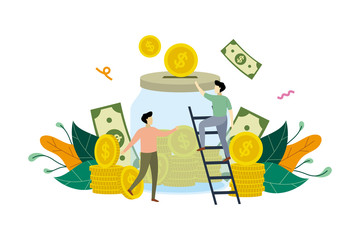 Saving money, Financial, banking. small people putting coin into large jar concept vector flat illustration, suitable for background, landing page, ui, ux, advertising illustration