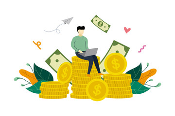 Wealth, richness, profitable investment. Small businessman sitting on coins stack concept vector flat illustration, suitable for background, landing page, ui, ux, advertising illustration