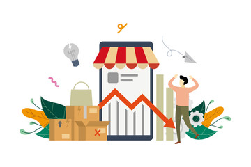 e-store profit loss, online shop decrease. E-marketing income crisis with small businessman concept vector flat illustration, suitable for background, advertising illustration