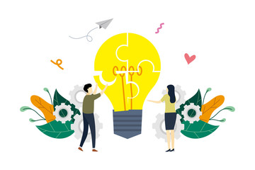 Business partnerships, teamwork metaphor, working together concept with small businessman and lightbulb puzzle vector flat illustration, suitable for background, banner, ui, ux