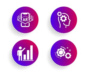 Thoughts, Augmented reality and Graph chart icons simple set. Halftone dots button. Gears sign. Business work, Phone simulation, Growth report. Work process. Science set. Vector