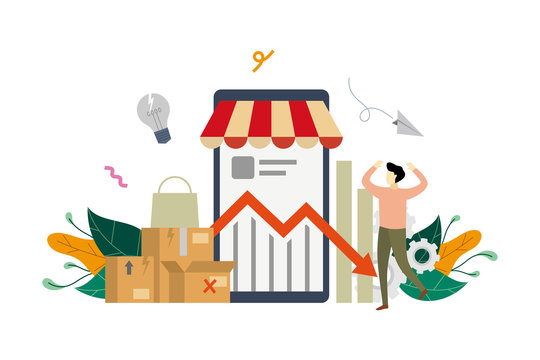 e-store profit loss, online shop decrease. E-marketing income crisis with small businessman concept vector flat illustration, suitable for background, advertising illustration