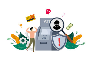 ATM cyber crime concept, robber hack an ATM, hacking detected, phishing alert messages with small people vector flat illustration, suitable for background, banner, ui, ux
