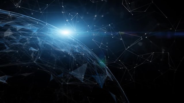 Rotation of network sphere with shiny star light. Artistic artificial intelligence globe in digital cyberspace animation background.
