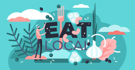Eat local vector illustration. Flat tiny encouragement sign persons concept