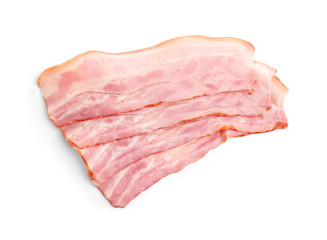Slices of raw bacon on white background