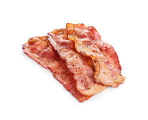 Slices of tasty fried bacon on white background