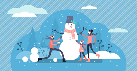 Family winter fun vector illustration. Flat tiny snowman persons concept.