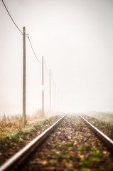 Railorad track into thick fog - 300240566
