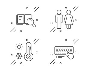 Restroom, Weather thermometer and Search book line icons set. Computer keyboard sign. Wc toilet, Temperature, Online education. Pc device. Business set. Line restroom outline icon. Vector