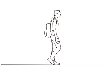 Continuous one line drawing of man walking on the street. Concept of student college person with bag. - obrazy, fototapety, plakaty