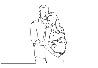 Continuous one line drawing of happy couple portrait. Concept of people of man and pregnant woman.