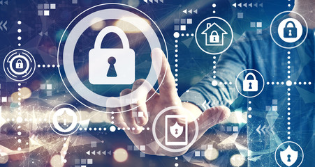 Cyber security theme with a man on blurred city background