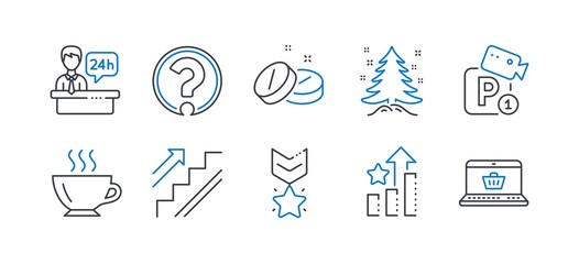 Set of Business icons, such as Winner medal, Ranking stars, Medical tablet, Reception desk, Parking security, Stairs, Christmas tree, Question mark, Coffee, Online shopping line icons. Vector