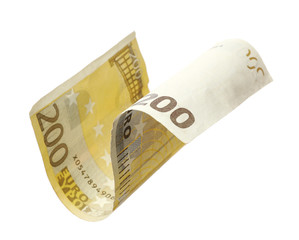 Flying two hundred Euro banknote isolated on white