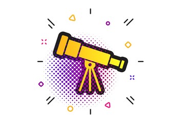 Telescope icon. Halftone dots pattern. Spyglass tool symbol. Classic flat telescope icon. Vector
