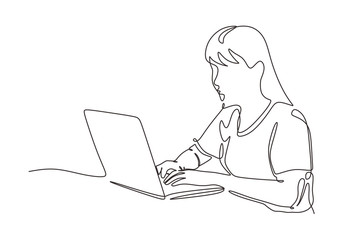 Continuous one line drawing of woman with laptop. Vector secretary concept hand drawn simplicity design. - obrazy, fototapety, plakaty