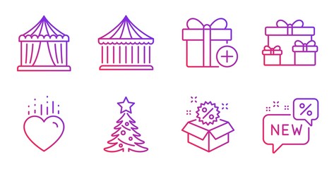 Circus tent, Heart and Surprise boxes line icons set. Christmas tree, Sale and Add gift signs. Carousels, New symbols. Attraction park, Love. Holidays set. Gradient circus tent icon. Vector