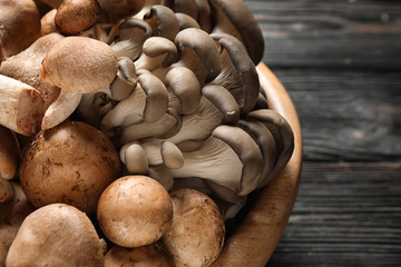 Different fresh wild mushrooms in bowl on wooden table, closeup