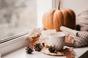 Cup of coffee, pumpkin, dried autumn leaves on window. Autumn composition.