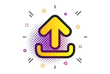 Upload sign icon. Halftone dots pattern. Load data symbol. Classic flat upload icon. Vector