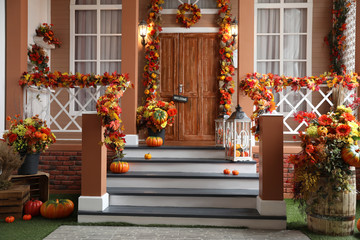 House entrance decorated for traditional autumn holidays